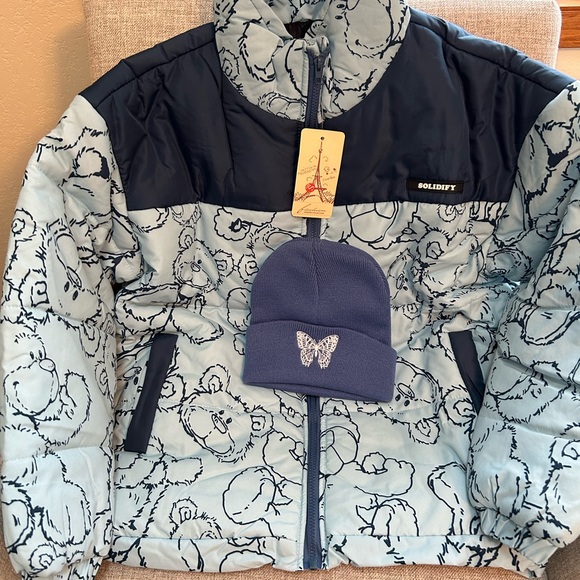 Cartoon Bear Print Oversized Jacket Loose Crop Puffer and Korean Knitted Beanie - Picture 14 of 14